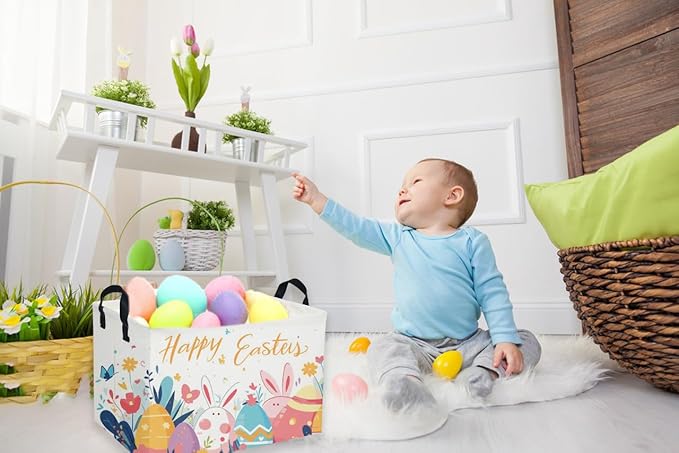 Sanjiaofen Rectangular Easter Baskets, Kids Easter Storage Bins Organizer.Cute Storage Basket with Handles.Boys and Girls,Easter Bunny Eggs Decor,Toys,Books,Easter Gifts (Easter Eggs)