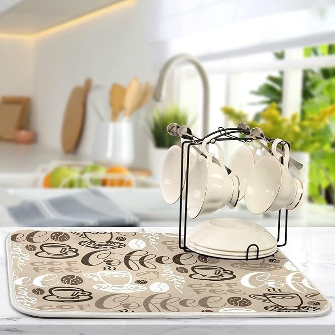 Brown Coffee Dish Drying Mat - 18 x 24 Inch, High Absorbent Reversible Microfiber Coffee Bean Dish Rack Pad
