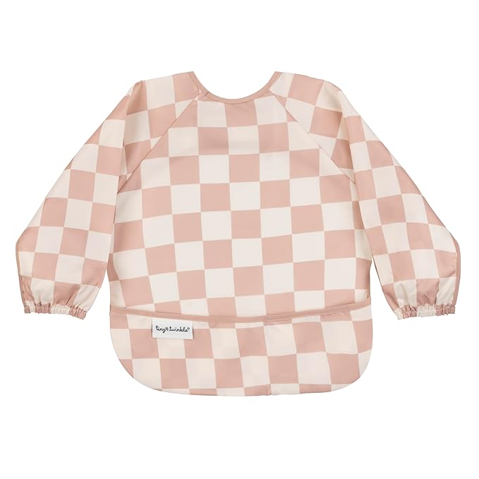 Tiny Twinkle Long Sleeve Bib for Babies & Toddlers | Waterproof Smock Bib for Eating | Machine Washable & Mess-Proof Feeding Essentials | Newborn Shower Gift (Checkers Brown, 2-4Y)