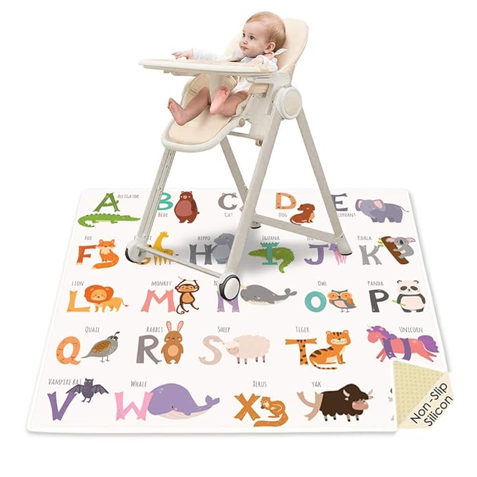 Splat Mat for Under High Chair, 51" SI Anti-Slip Waterproof Multipurpose Splash Mat, Washable High Chair Mat Floor Protection Table Cloth Portable Picnic Play Mat with Early Education Pattern