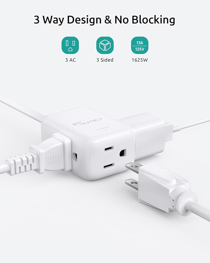 Outlet Cover Extension Cord Long 10ft, 3 Outlets Indoor Flat Extension Cord & Ultra-Thin Flat Wall Plug, 900J Surge Protector, 13A/1625W, ETL Listed, Behind Bed Couch Dresser Furniture, White