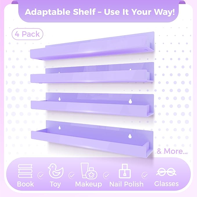 RORKIM 4 Pack 15 Inch Purple Acrylic Shelves, Kids Floating Bookshelf for Kids Room, Modern Nail Polish Rack Sunglasses Essential Oil Picture Ledge Display Toy Storage Wall Shelf