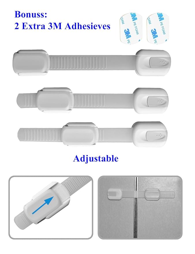 Child Safety Cabinet Strap Locks - OKEFAN 12 Pack Baby Proofing Adhesive Latches for Kids Drawer Cupboard Dishwasher Fridge Oven Door No Drill (Grey)