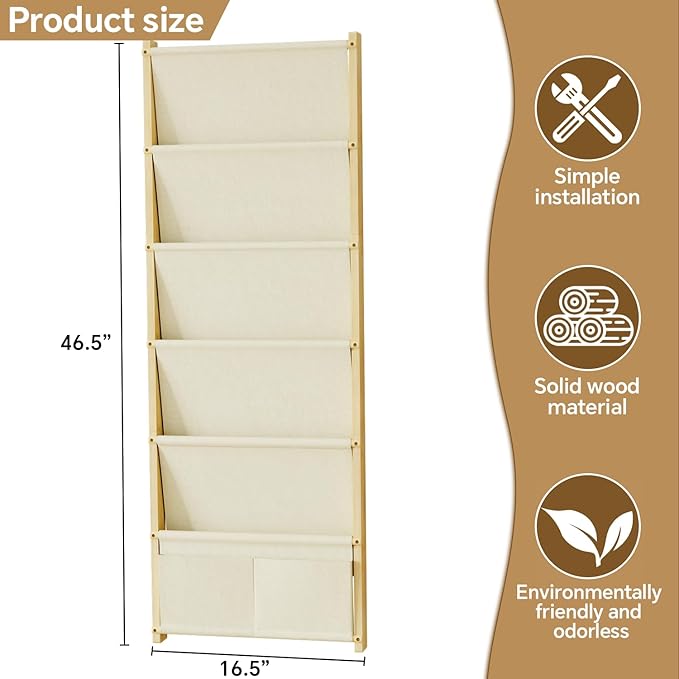 Wood 6-Tier Wall Mounted Kids Bookshelf – Floating Book Shelf For Kids Rooms,Nursery & Classroom, Hanging Bookcase Organizer For Books,Toddler Book Shelf, Montessori Bookshelf, Nursery Shelves