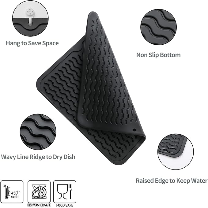 MicoYang Silicone Dish Drying Mat for Multiple Usage,Easy clean,Eco-friendly,Heat-resistant Silicone Mat for Kitchen Counter or Sink,Refrigerator or Drawer liner Black M 12 inches x 12 inches