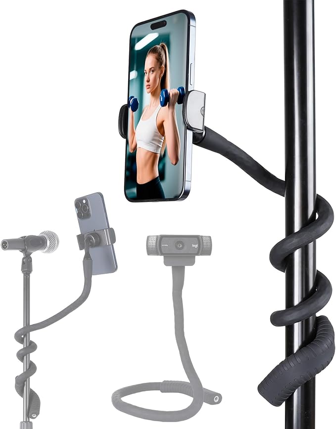 FPN Portable Flexible Phone Holder with Handle for Treadmill, Spin Bike, Stroller, Tripod, Shopping Cart, Desk, Logitech Webcam, 23.6" / 60cm Long Arm Gooseneck Phone Mount for 4.7”- 7" Cell Phones