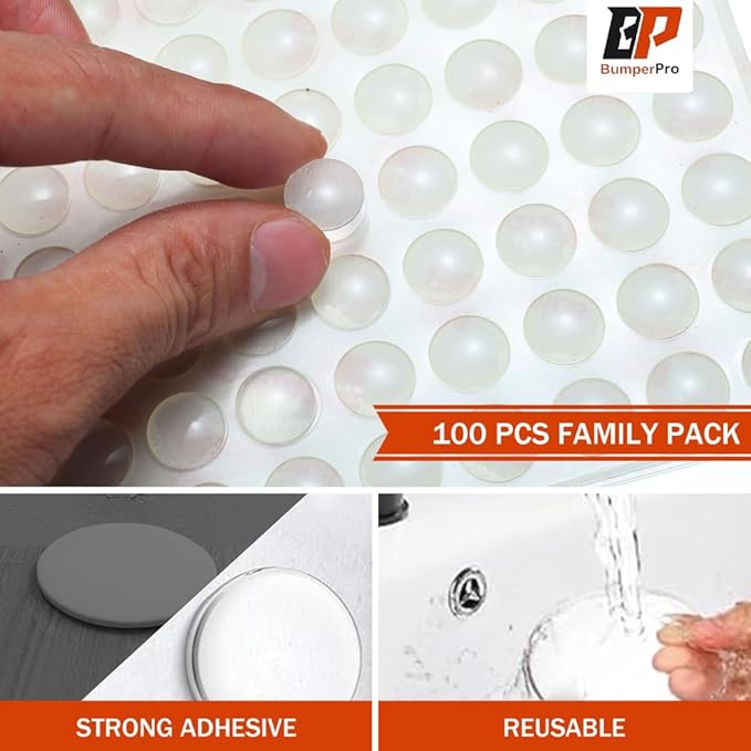 100PCs Clear Cabinet Door Bumpers 3/8", Self Adhesive Silicone Clear Rubber Bumpers, Cabinet Door Dampers, Rubber Stoppers for Furniture, Adhesive Rubber Feet Pads, Drawer Stops, Cabinet Stoppers