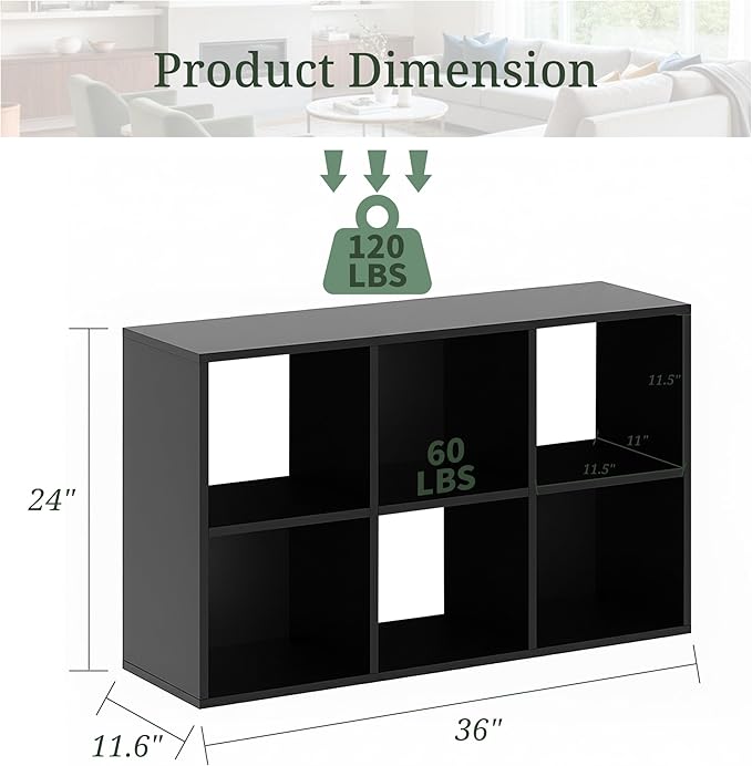 6-Cube Storage Organizer, Black Bookshelf with Open Compartments for Home Office, Modern Bookcase Display Shelf for Living Room, Bedroom & Entryway