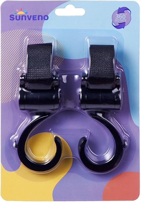 SUNVENO Stroller Hooks 2 Pack, 360° Rotating Universal Stroller Clips with Adjustable Straps, Heavy Duty Bag Holders for Diaper Bags, Purses, Groceries and Travel Use