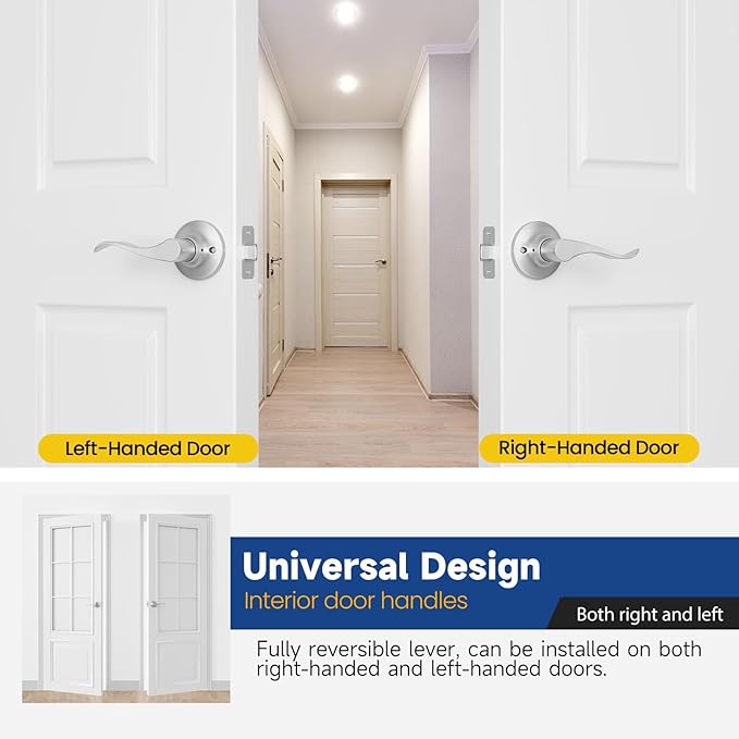 Passage Door Handle Keyless Closet Door Handles Interior Wave Lever Door Handle for Hallway, Reversible for Right & Left, Satin Nickel