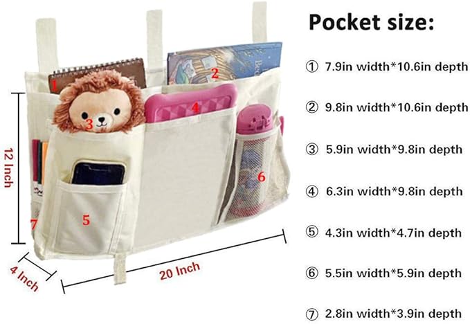 Sugaroom Bedside Storage Caddy, Bunk Bed Organizer Bed Storage Pocket Bedside Organizer Hanging Bed Storage Caddy for College Dorm Room, Hospital Bed Rails, Baby Bed, Camp (White)
