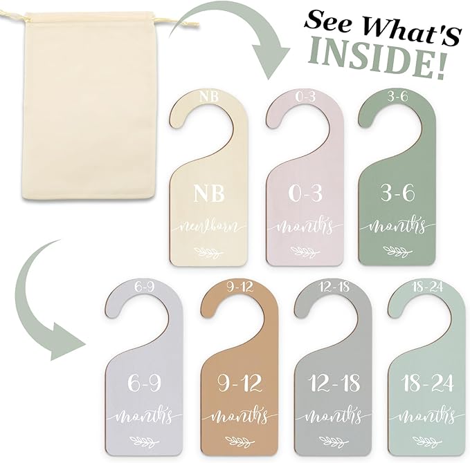 Whaline 7Pcs Terrazzo Wood Baby Closet Size Dividers with White Velvet Bag Newborn to 24 Month Thicken Infant Wardrobe Hanger Organizers for Home Nursery Party Supplies