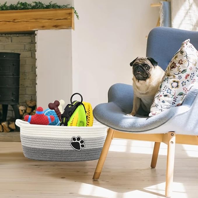 Small Woven Baskets for Organizing Rope Storage Basket with Handle Cute Cotton Basket for Nursery Gift Dog Toy Storage Bins for Toy Organizer Grey-white