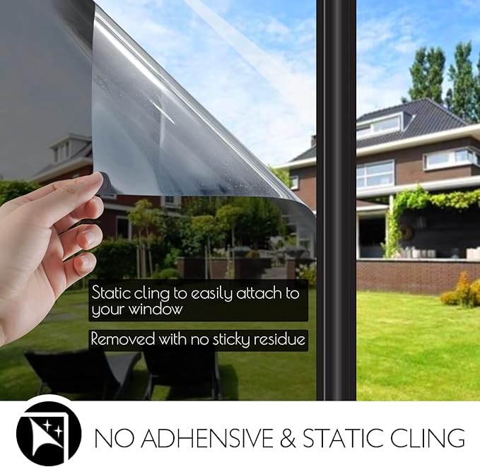 HIDBEA One Way Privacy Window Film, Daytime Mirror Reflective Heat Control UV Sun Blocking Non-Adhesive Static Cling Window Tint for Home and Office (Black-Silver, 35.4 Inch × 6.5 Feet)