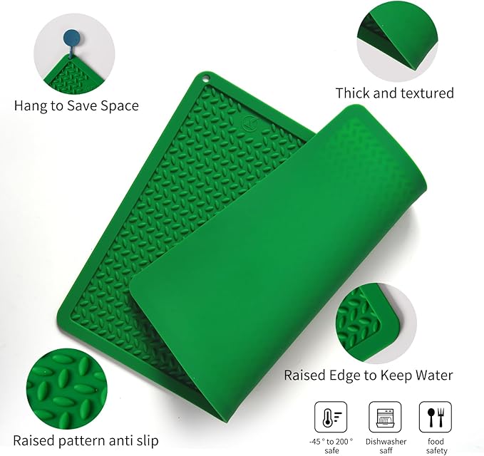 Silicone Drying Mat & Heat Resistant Mat for Kitchen Counter, Non-Slip Dishwasher Safe, Raised Edge for Dishes Bottles Sink (15.35x11.61in, Dark Green)