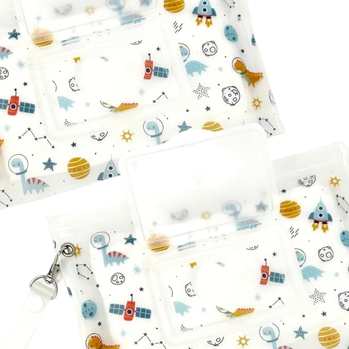 Baby Wipes Dispenser Portable & Refillable Wet Wipe Pouch Pack of 2 Reusable Wipes Holder and Wipe Container, Baby Essential, Makeup Wipe Travel Case - Regular Size, Dinosaurs Love