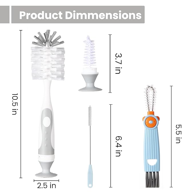 Ariseno 4-in-1 Baby Bottle Brush Set - Including Brushes for Bottles, Straws, Caps, & Nipples - BPA-Free (Grey)