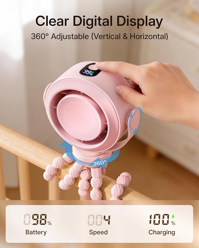 SWEETFULL Portable Stroller Fan, Pinch-Proof Baby Fan, 10H Battery, 5-Speed Quiet Mini Clip on Fan, USB-C Rechargeable with LED Display for Car Seat, Crib & Travel - Pink