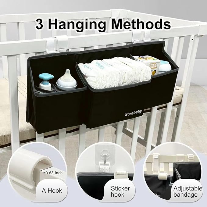 Hanging Baby Diaper Caddy, 3-in-1 Changing Table Diaper Organizer Holder For Baby Crib, Nursery Organization Diaper Stacker Storage For Crib, Changing Table-Black