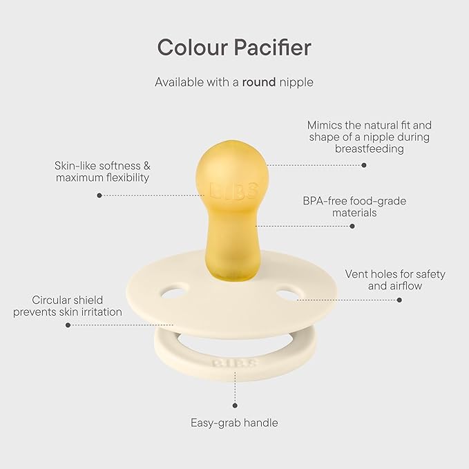 Bibs Colour Pacifier 2-Pack | BPA Free Soother, Round Nipple. Natural Rubber Latex,