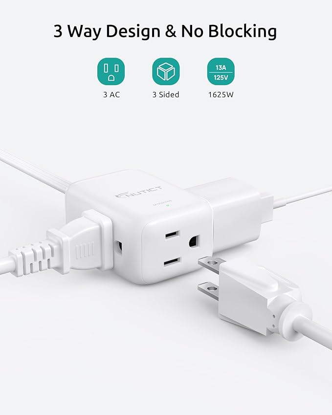 Outlet Cover Extension Cord 6ft, 3 Outlets Indoor Extension Cord Flat Wall Plug, 900J Surge Protector, 13A/1625W, ETL Listed, Flat Power Strip Hidden Behind TV Bed Dresser Bookshelf, White