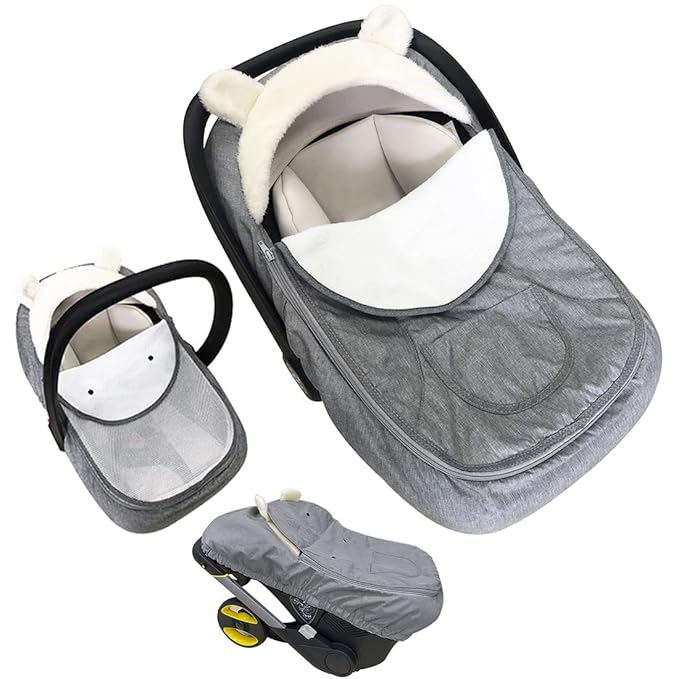 Car Seat Cover for Babies,Infant Carseat Cover Canopy Baby Car Seat Cover Universal Fitted Winter Autumn Spring Carseat Cover for Boy Girl Newborn,with Mesh Cover,Warm Breathable-Grey