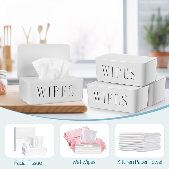 Singhoow 4 Pack Baby Wipes Dispenser Refillable Wipe Holder with Lid Toilet Wipes Container for Bathroom Tissue Paper Storage Box for Home Office (White)