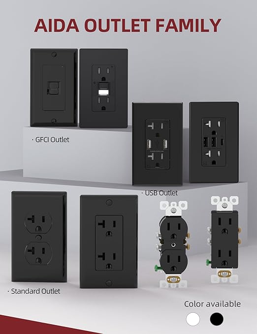 AIDA 20 Amps Outlets Duplex Electrical Receptacle Outlets,Weather Resistance & Tamper Resistant, Receptacle Wall Outlet,Residential,TR,3-Wire, Self-Grounding Clip, NEMA 5-20R,UL Listed 10 Pack, Black