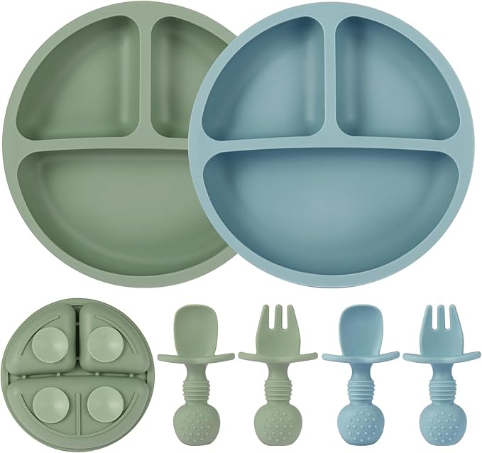 Eascrozn 2 Pack Baby Plates with Suction, 2 Pack Silicone Forks and Spoons Set, Baby Led Weaning Supplies, BPA Free, Toddler Utensils for Feeding Essentials
