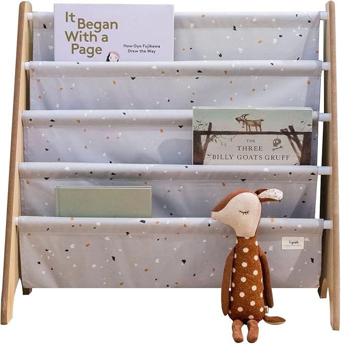 3 Sprouts Recycled Fabric Kids Bookshelf – 4-Tier Sling Book Rack Organizer - Nursery Room Playroom Classroom Wooden Book Shelves - Kid Bookcase Wood Storage Shelf for Toddler Age 3+ - Terrazzo Gray