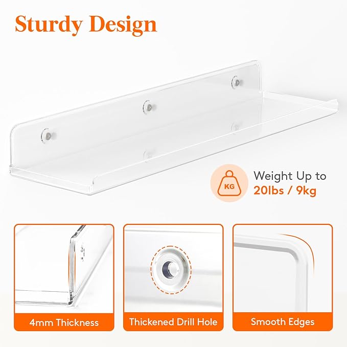 Lifewit Floating Shelves 6 Pack, 15" Acrylic Room Decor Shelves for Book/Figures/Photo/Makeup, Clear Wall Shelf for Bathroom, Living Room, Bedroom, Kitchen Storage and Organization 38 x 9 cm/15x4
