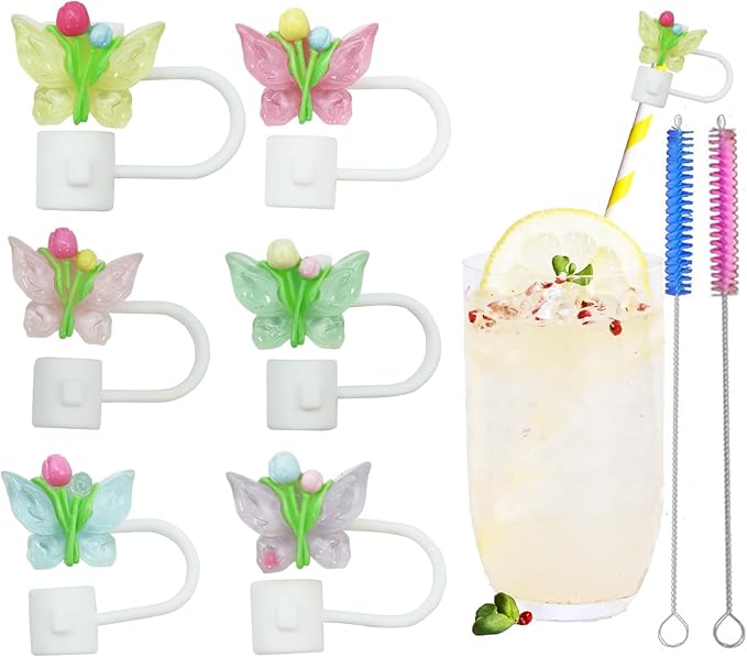 RENUIS 6Pcs 6-8mm Flower Butterfly Small Straw Cover,Dust-Proof Straw Toppers for Tumblers and Water Bottles,Reusable Portable Drinking Straw Tips Lids,Funny Gifts for Women & Girls