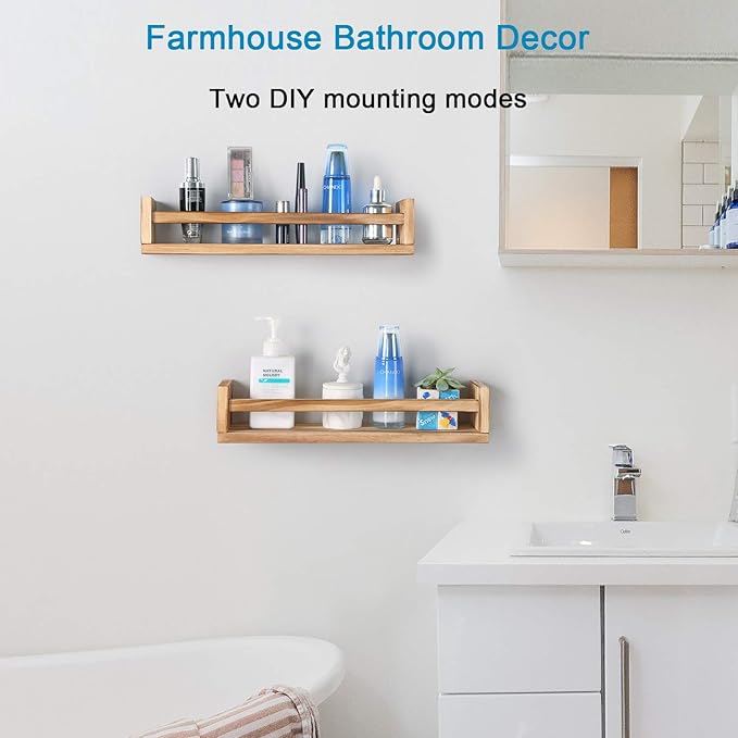 Nursery Book Shelves, Set of 2 Wood Floating Book Shelves for Kids Room, Kitchen Spice Rack, or Rustic Wall Mounted Shelves for Farmhouse Bathroom Décor (carbonized)