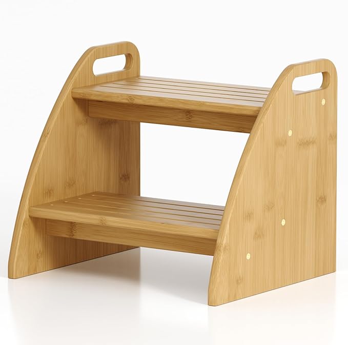 Step Stool for Toddlers, Two Stepping Stool Toddler 300lbs Capacity, with Non-Slip Handles and Pads,Bamboo Kids Step Stool for Bathroom Sink, Perfect Natural Wooden Step Stool for Kitchen