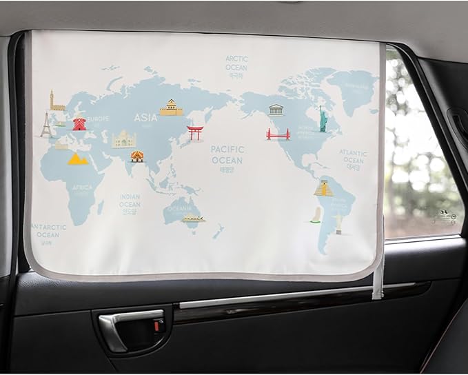 BEBEDECO Magnetic Car Sun Shade Curtain for Side Window – Sun Blocker and UV Protector for Baby, Kids, and Pets – Universal Fit with Built-in Magnets for Steel-Framed Door (Be-Travel Map)