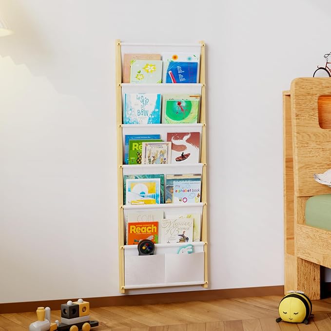 Wood 6-Tier Wall Mounted Kids Bookshelf – Floating Book Shelf For Kids Rooms,Nursery & Classroom, Hanging Bookcase Organizer For Books, Toddler Book Shelf, Montessori Bookshelf, Nursery Shelves