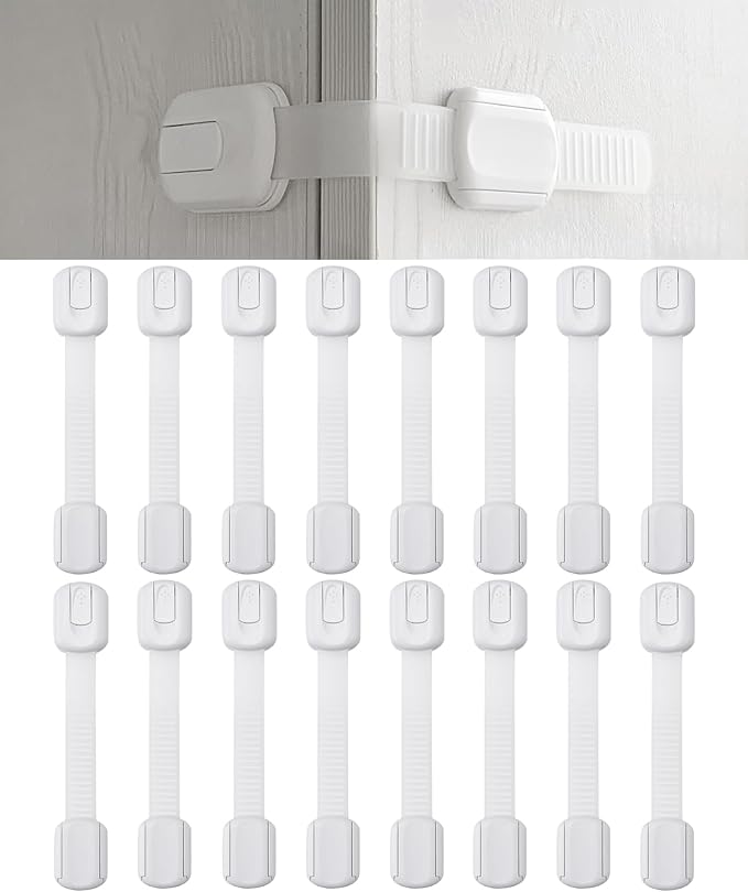 Bates- Child Safety Strap Locks, 16 Pack, White, Baby Cabinet Locks with Adjustable Strap Length