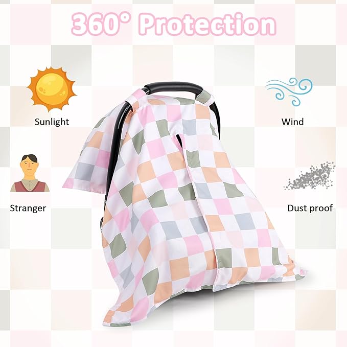 DILIMI Baby Car Seat Cover, Minky Warm Car Seat Covers for Babies, Peekaboo Opening Infant Car Seat Cover, Nursing Cover Carseat Canopy, Colorful Checkered