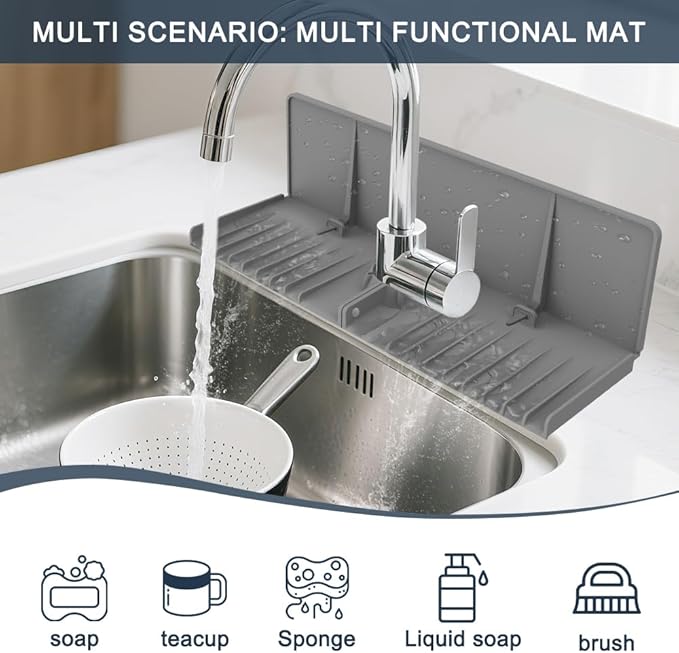 Silicone Faucet Drip Catcher Tray Mat - Upgraded Design - Sink Backsplash Guard Behind Faucet, Silicone Faucet Mat for Dish Soap Sponge Holder, Kitchen Counter Bathroom Kitchen Sink Splash Guard -Grey
