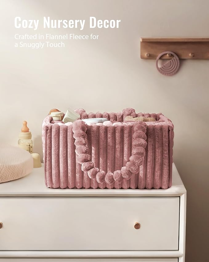 Blissful Diary Flannel Diaper Caddy Organizer, included Gift Packaging, Cozy Nursery Storage Basket, Gift for Baby Shower, Newborn Essentials, Plush Pink