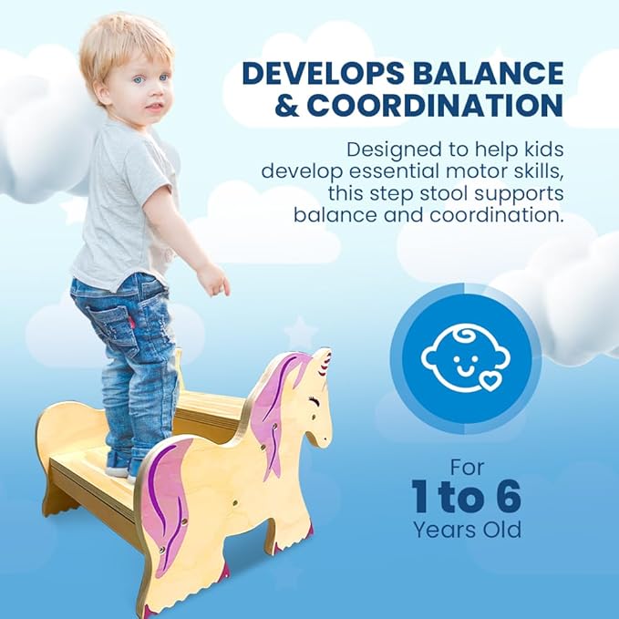 Motherly Haven Step Stool for Toddlers & Kids, 2-Step Unicorn Design, Anti-Slip Bathroom Toilet Potty Training Stool, Durable Kitchen Step Stool for Independence & Safety