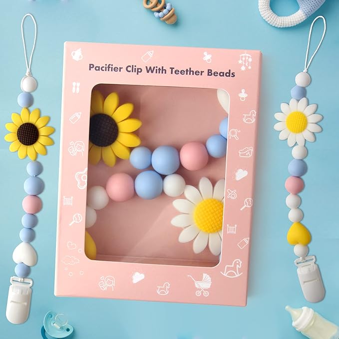 Silicone Pacifier Clip, 2 Pack Pacifier Holder for Boys and Girls, Adorable Sunflower Pacifier Clips Fits for Most Pacifier, Baby Teethers, Baby Shower and Baby Gift(White&Yellow)