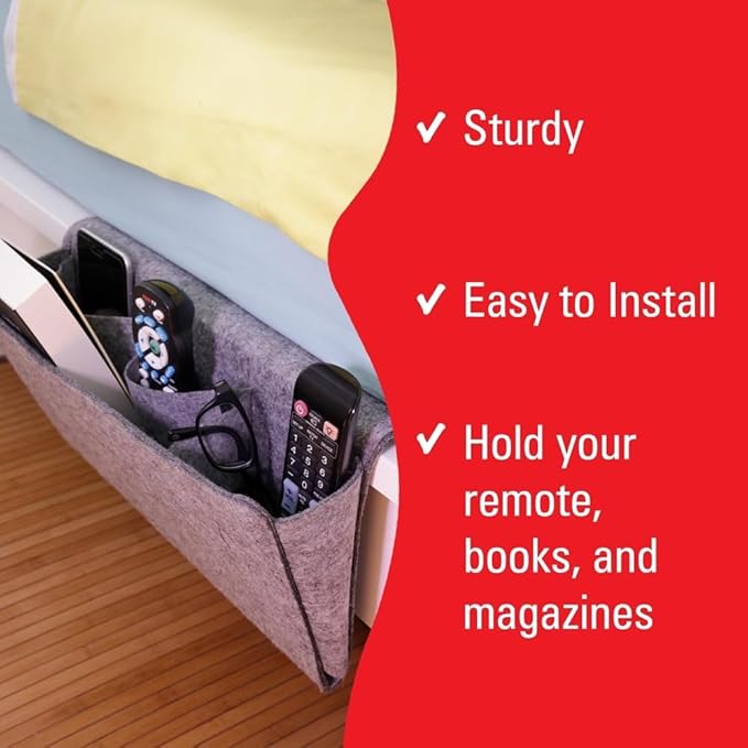 Kikkerland Large Grey Felt Pocket Caddy for Storage with Inner Pockets – Organization Essentials for Bed, Couch, Home – Holder for Magazines, Books, Phones, and Remote Controls