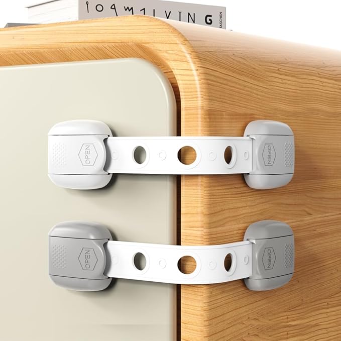 Child Safety Strap Locks (10 Pack) Baby Locks for Cabinets and Drawers, Toilet, Fridge & More. Adhesive Pads. Easy Installation, No Drilling Required, White/Gray (Gray, 10 pcs (Pack of 1))