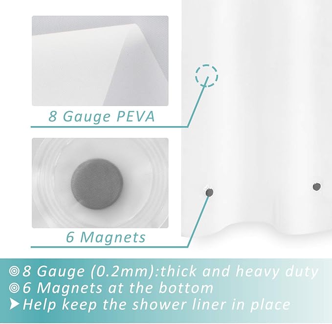 Mrs Awesome Long Shower Curtain Liner with 6 Magnets 72 x 78 inch, PEVA 8G Thick & Heavy Duty Plastic Shower Curtain for Bathroom, Waterproof,72x78, Frost