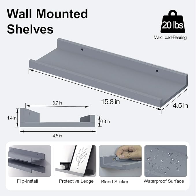 Floating Shelves for Wall Decor, Wall Mounted Wood Storage Shelf for Bedroom, Living Room, Bathroom, Kitchen, Nursery, Display Picture Ledge Shelf with Lip Set of 2-16 Inches, Grey
