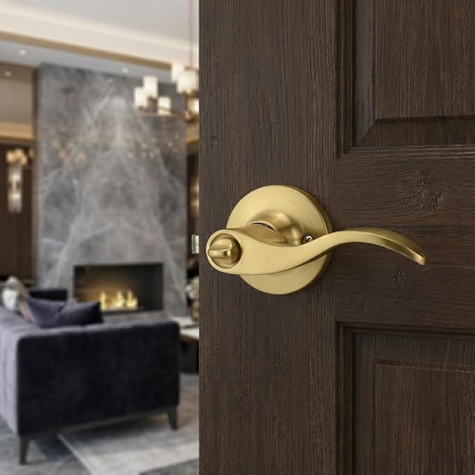 1 Pack of HENYIN Wave Lever Keyed Entry Door Lock/Door Knob Hardware Handle and Closet Lockset, Gold Color, with Key,Left Hand(805-G-L)