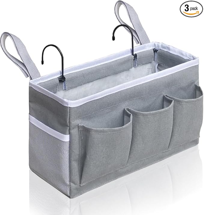 Kanrichu Beside Caddy Storage Organizer, Hanging Bag Holder with Pockets for Bedroom, Loft Bed Tent, Bed Curtain, Top Bunk bed Shelf Accessories Bedside Caddy 3-pocket (Gray_1pcs)