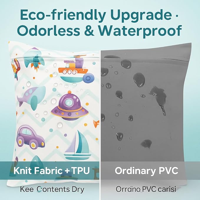 FANALALA Waterproof Wet Dry Bag, Reusable Diaper Pouch with Zipper, Machine Washable Travel Organizer for Beach, Daycare, Kids, Dinosaur Pattern (Purple UFO)