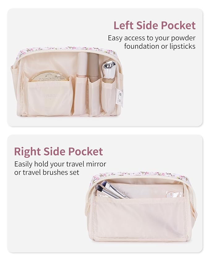 Narwey Small Cute Floral Makeup Bag for Purse Mini Cosmetic Bag Travel Makeup Pouch Zipper Pouch Cute Make up Bags with Compartments for Women Girls (Green Leaves and Flower, Small)